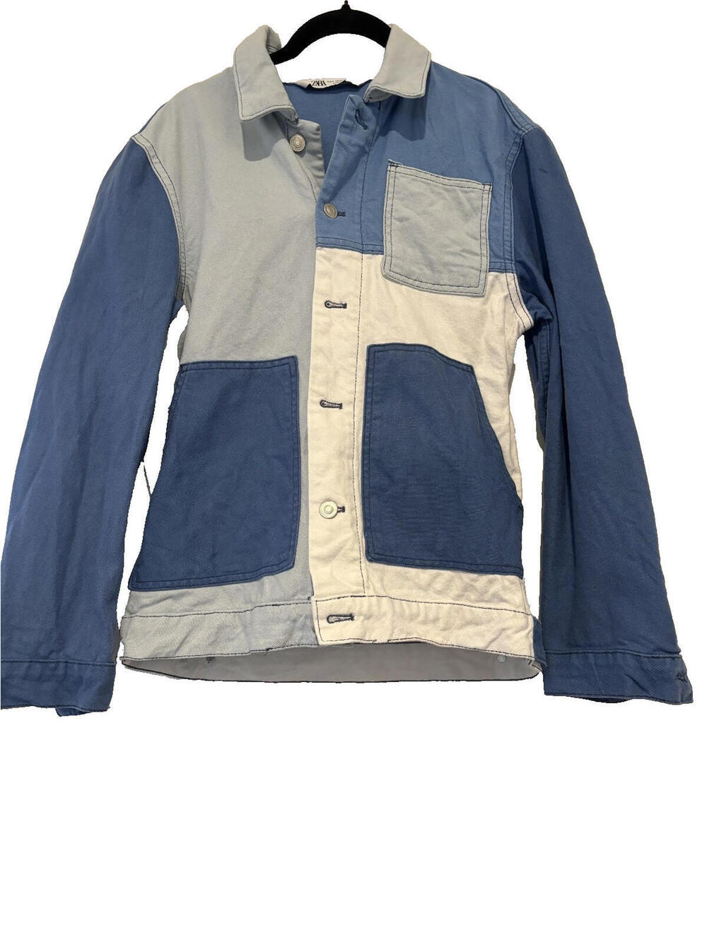 Zara oversized S blue patchwork blue/white jean button down jacket #2098 new